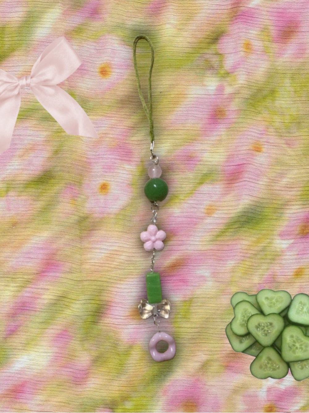 Pink & Green Floral Beaded Necklace Charm by